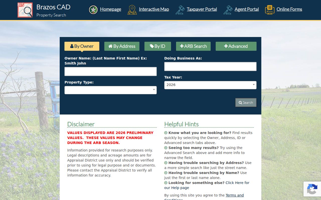 Bryan residents directory BCAD property search fields