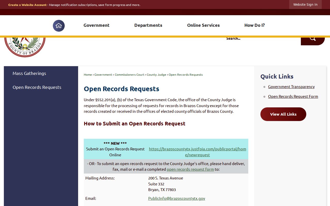 Bryan residents directory Brazos County open-records request page